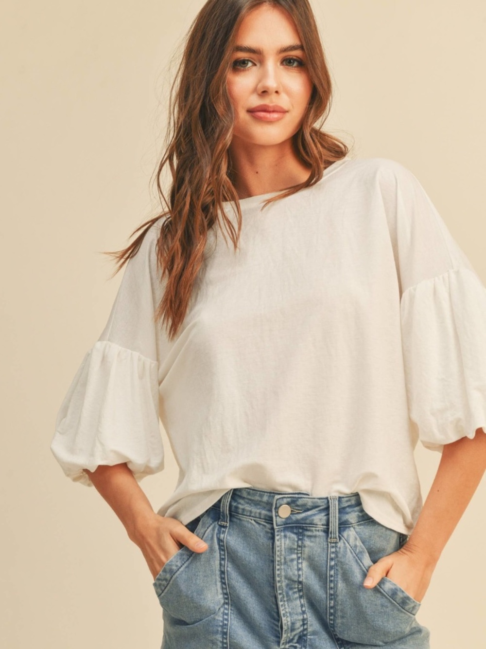 Miou Muse Ivory Puff Sleeve Blouse | Balloon Sleeve Top | Size M NWT